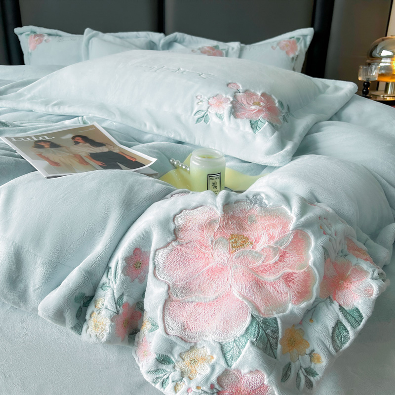 富安娜牛奶绒四件套加厚高克重柔软抗静电不掉毛 双面绒床盖床品
