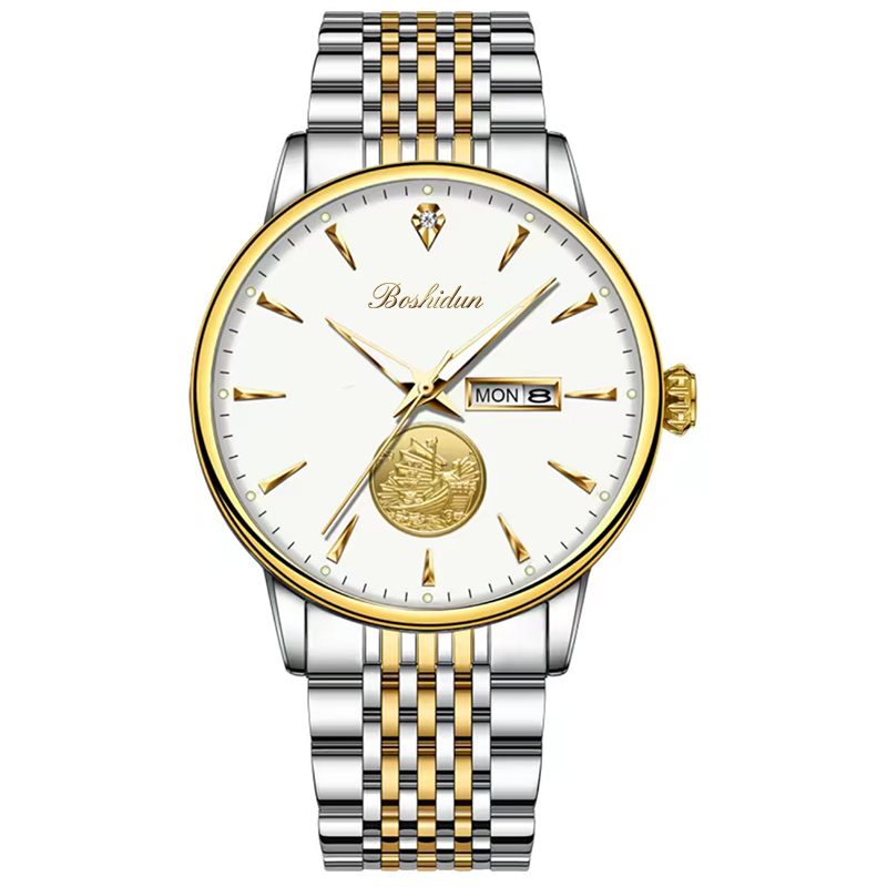 新款商务一帆风顺白面双日历夜光防水男表9115G专属