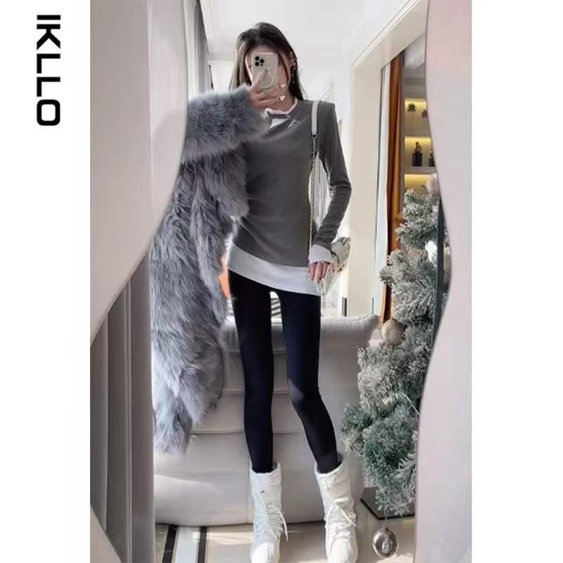新款高级感中长款假两件磨毛内搭打底衫女秋搭配鲨鱼裤拼接上衣