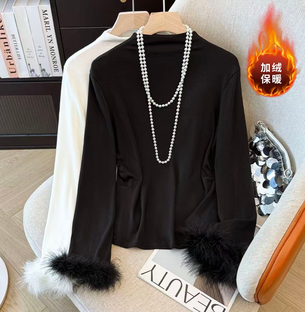 【加绒加厚！毛毛袖可拆卸】秋冬毛毛袖半高领打底衫修身显瘦长袖
