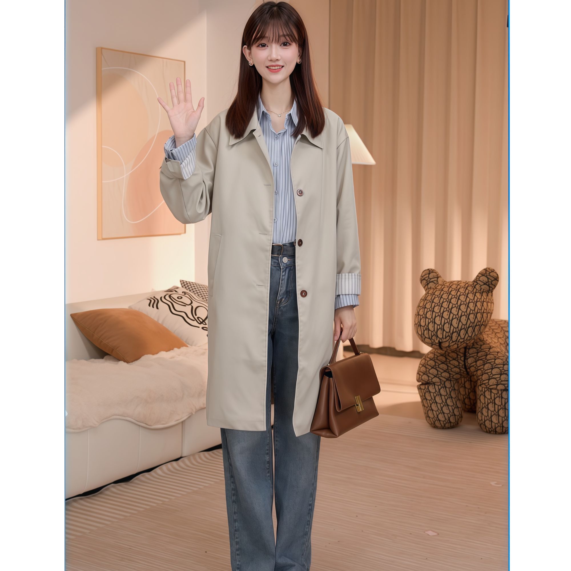 风衣外套女2025春季新款拼接高级感日系工装简约小个子中长款大衣