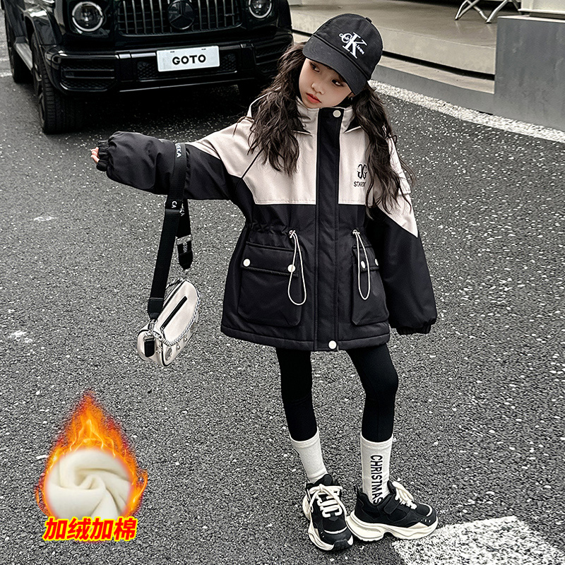 女童派克服外套加绒加厚秋冬2025新款儿童深秋初冬女大童棉服冬季