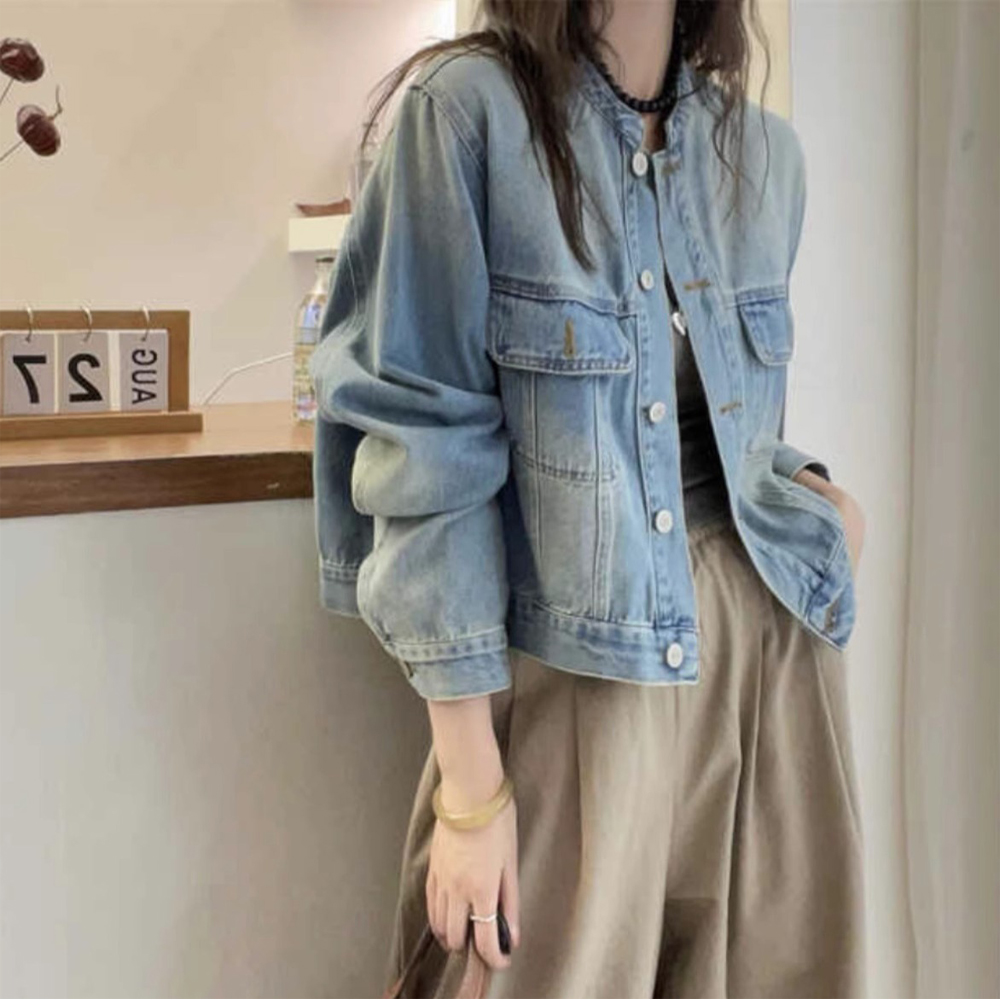 2025春季新款复古水洗牛仔衣休闲圆领简约长袖口袋牛仔短外套女