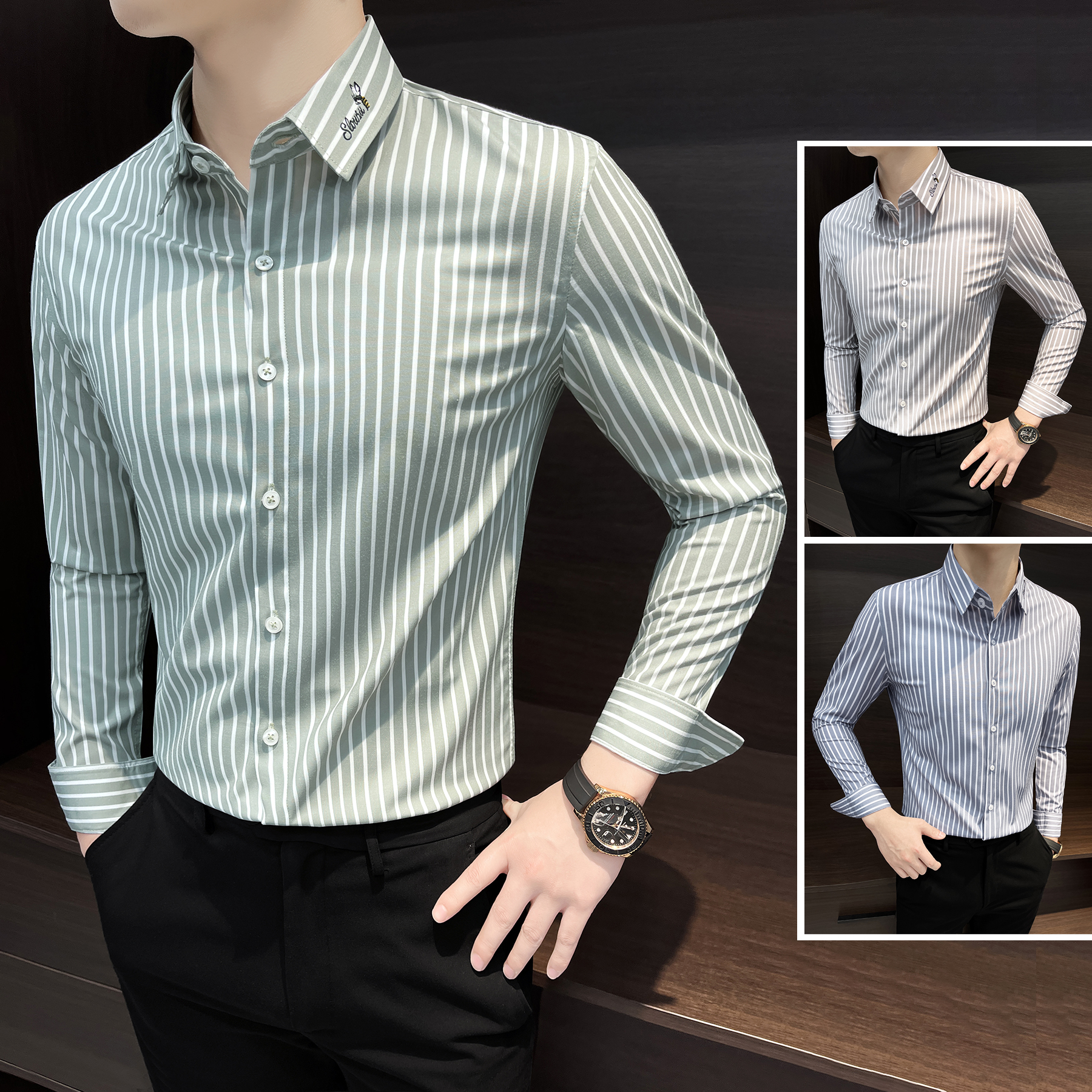 条纹长袖衬衫男款秋款2025痞帅高级感商务男装上档次刺绣男士衬衣