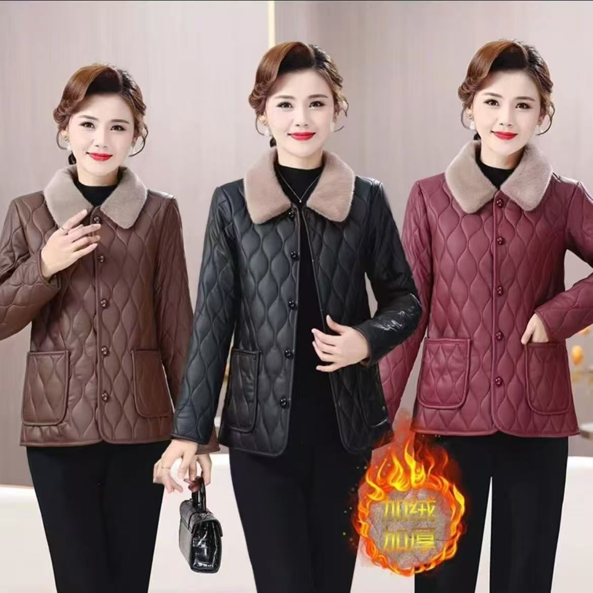 工厂188【加绒加厚PU皮衣】妈妈装免洗外套秋冬冬季保暖棉衣A66