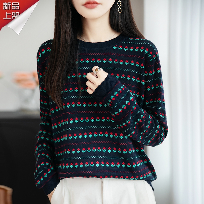 哥弟阿玛施官方早秋时尚提花羊毛针织衫新款韩系套头显瘦减龄上衣