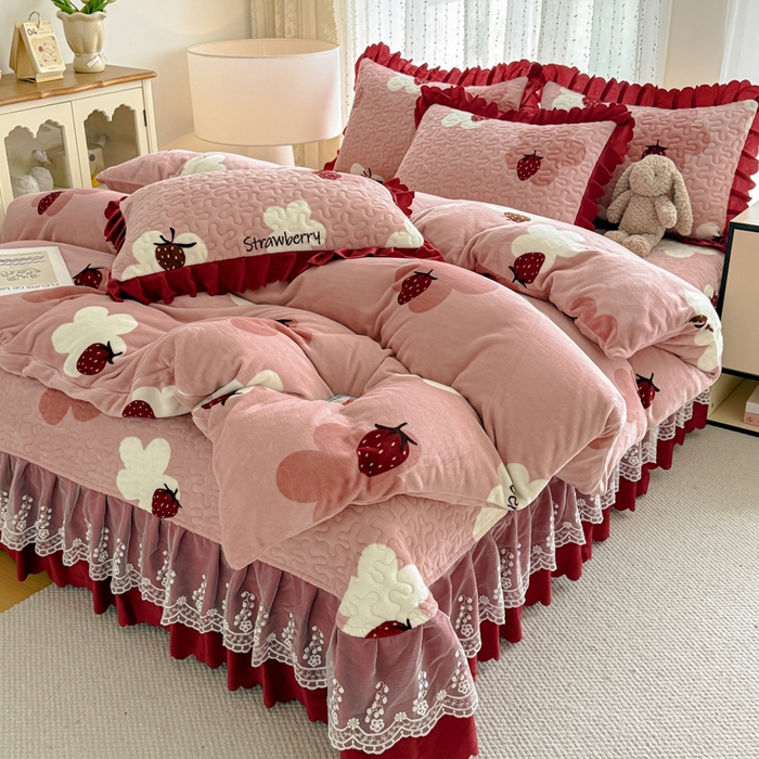 加厚牛奶绒床盖四件套花边被套床单床上用品三件套公主风夹棉床盖