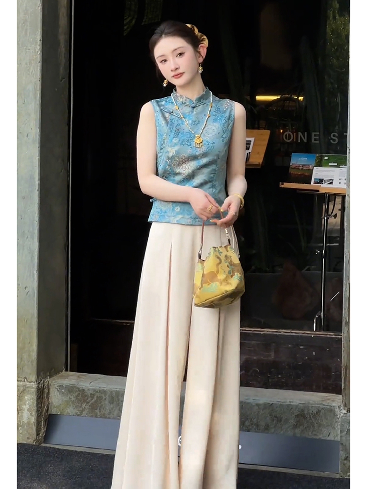 夏季大方得体一整套重要场合漂亮气质轻奢高级感新中式蓝色套装裤