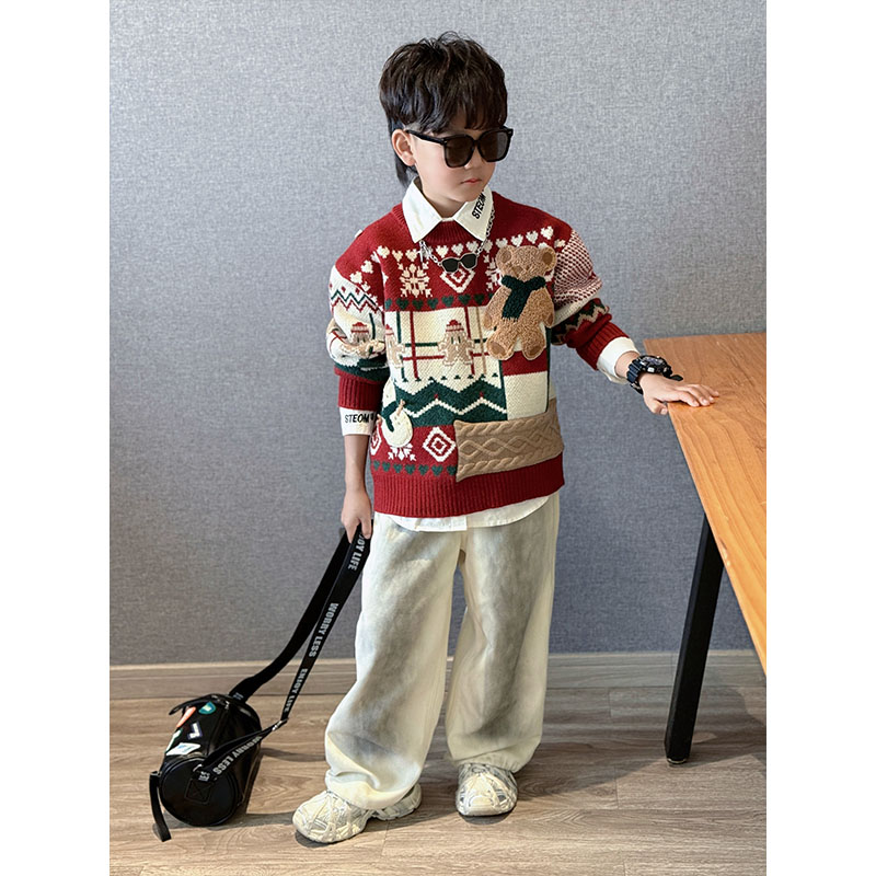 男童冬季新款个性撞色圣诞姜饼人提花针织衫中大童红色年服毛衣