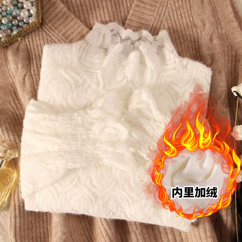秋冬百搭小衫洋气半高领打底衫新款加绒磨毛蕾丝衫保暖内搭上衣女