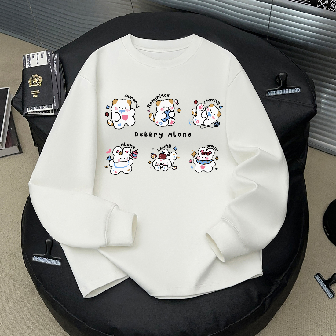 美式猫狗兔子字母印花男女长袖T恤ins秋季100%纯棉潮流情侣上衣