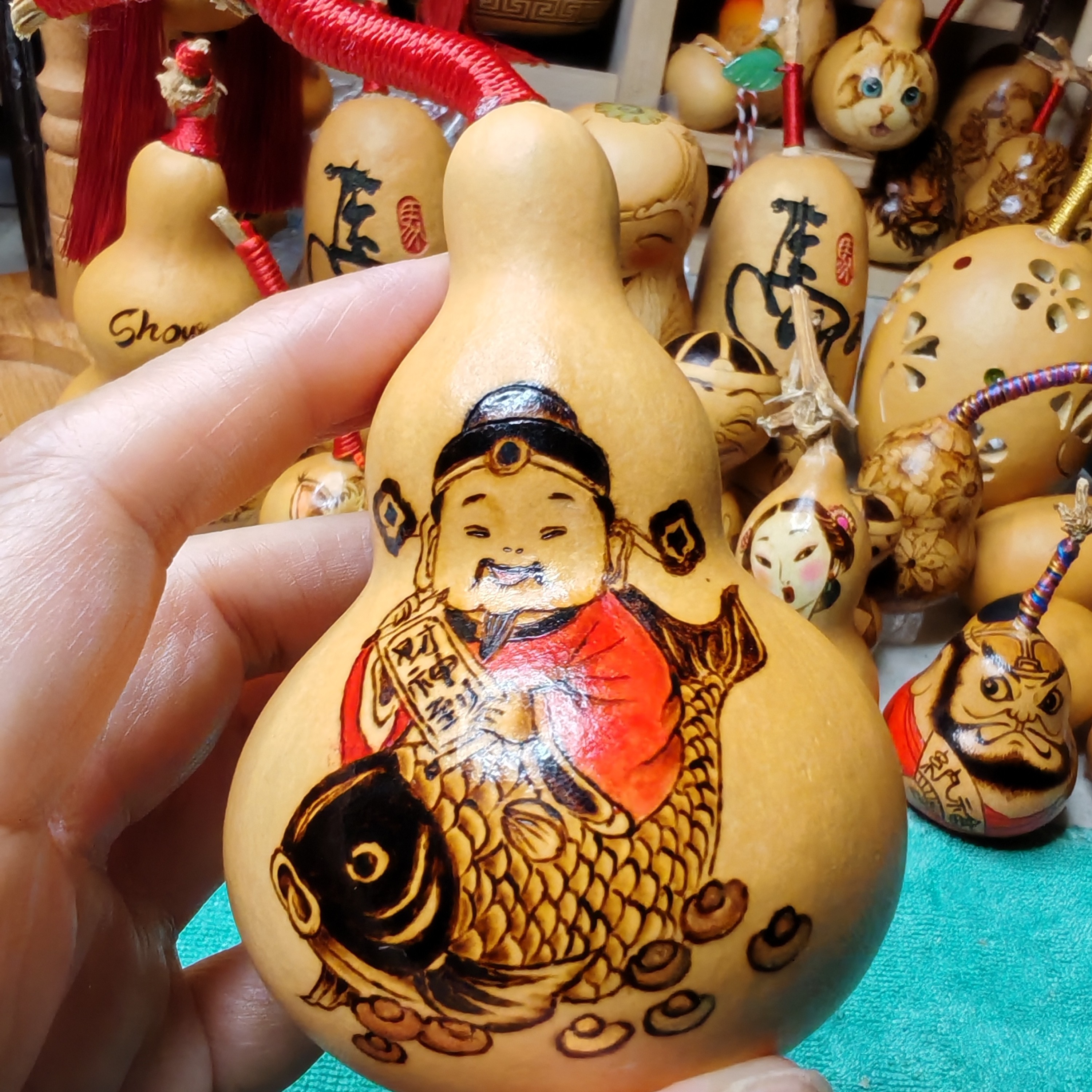 葫芦烙画作品小财神摆件