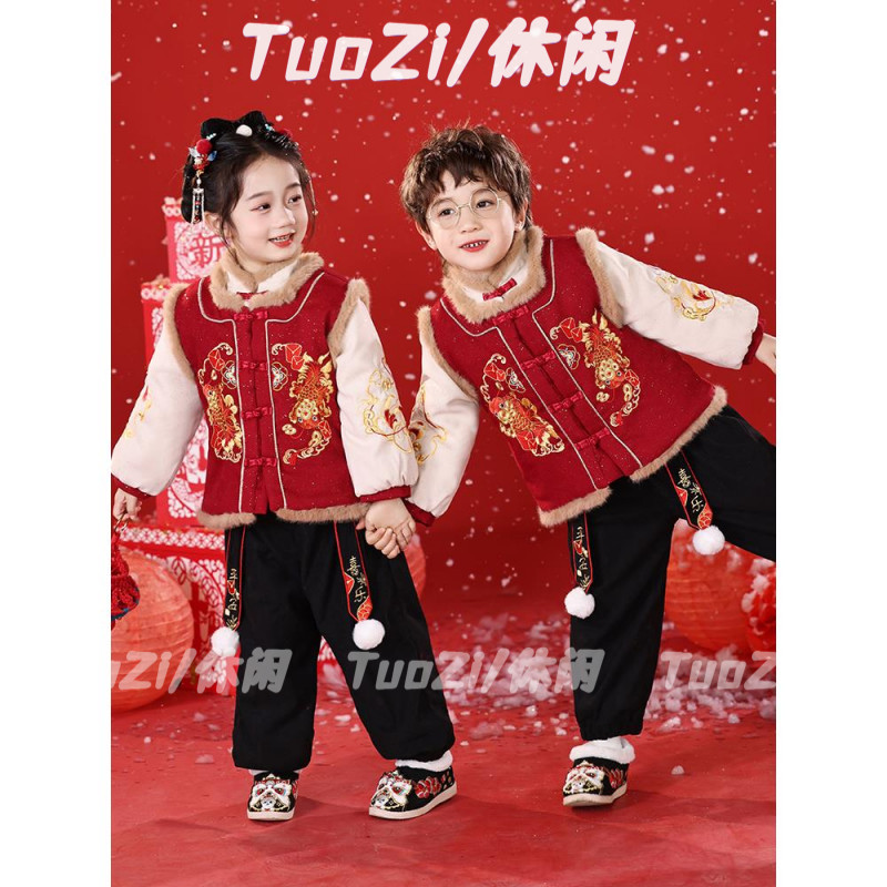 男童拜年服女童汉服冬装儿童过年喜庆服周岁宝宝套装年衣2025新款