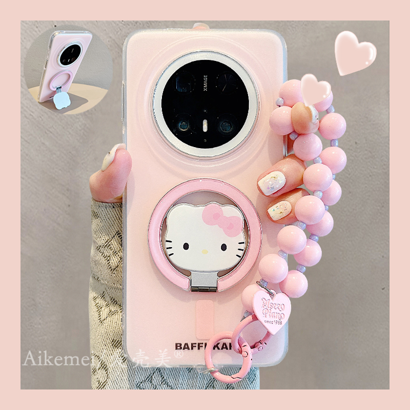 适用华为mate70pro+手机壳纯色英文Mate60pro+KT猫折叠磁吸支架女