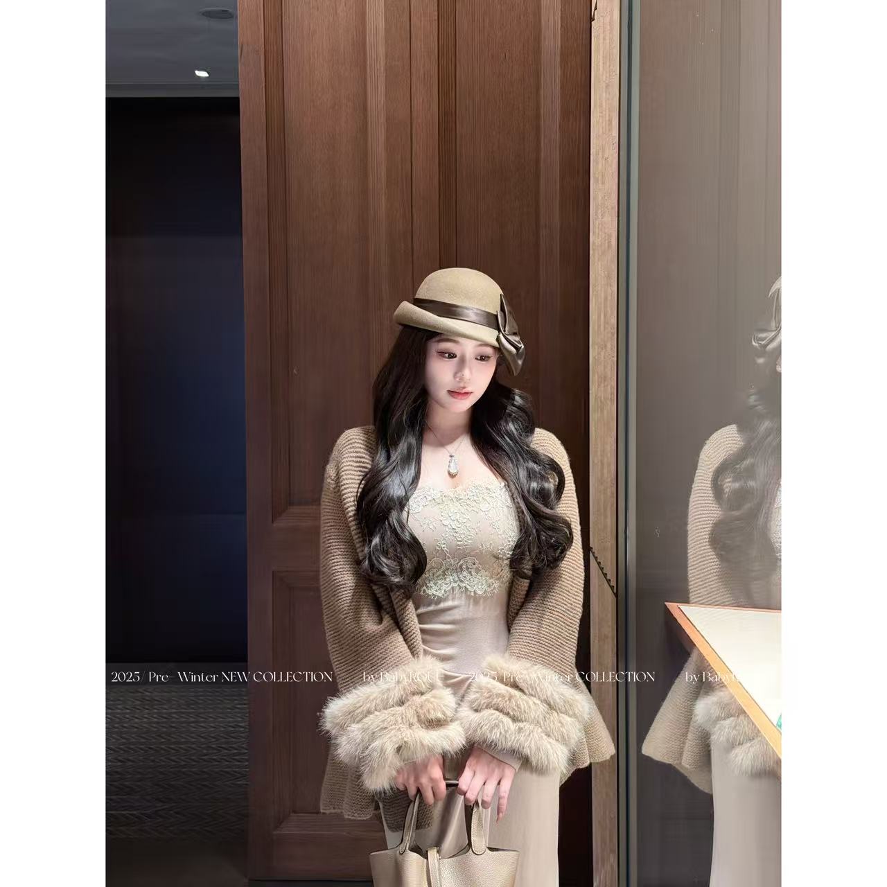 【浪漫贵奢】温与柔富江千金感毛织外套蕾丝气质显瘦连衣裙套装