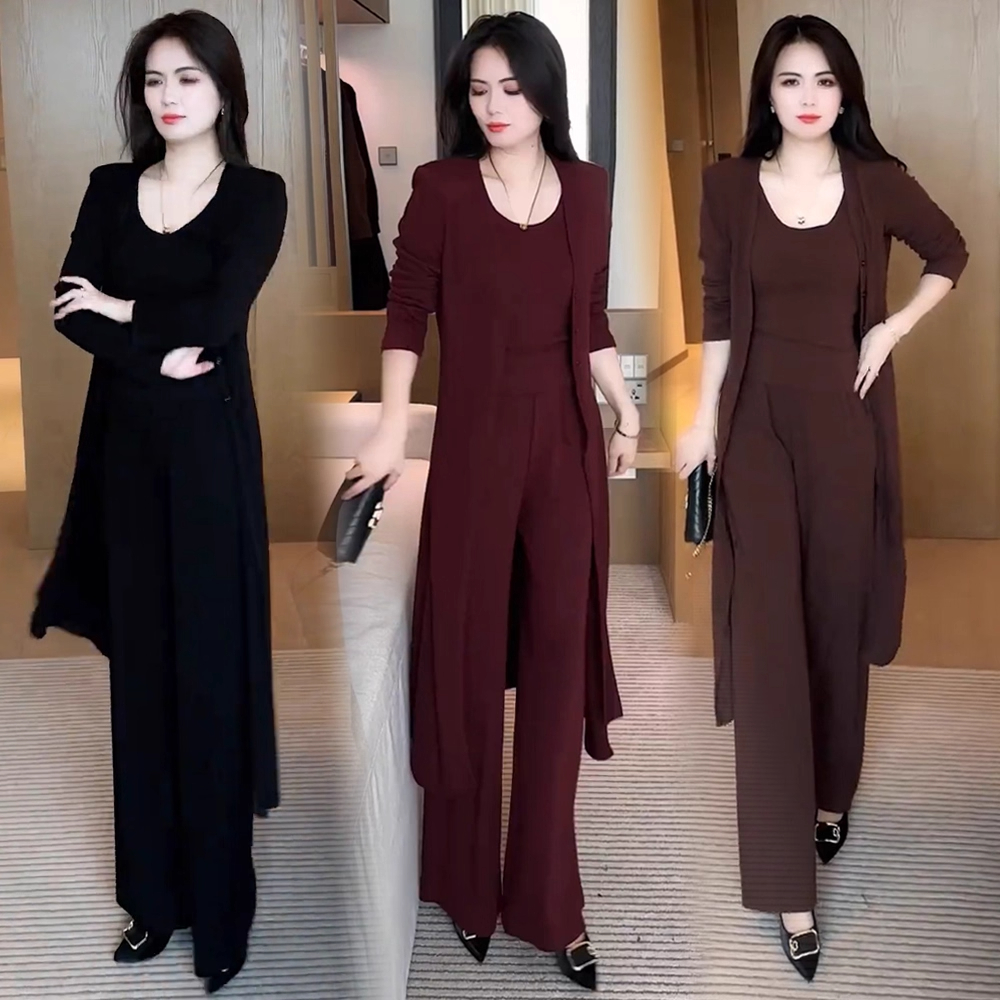 时尚休闲套装女2025秋季新款洋气开衫长款外披背心阔腿裤三件套潮