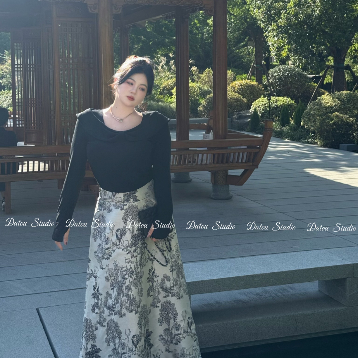 DATOO【山亭芭蕾】微胖大码法式气质黑色蕾丝上衣高腰A字半身裙套装