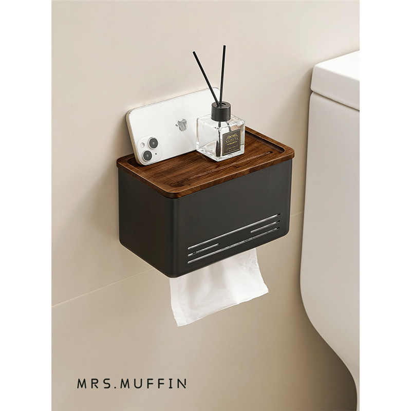 胡桃木卫生间浴室厕纸盒免打孔厕所纸巾盒防水壁挂抽卷纸架置物架