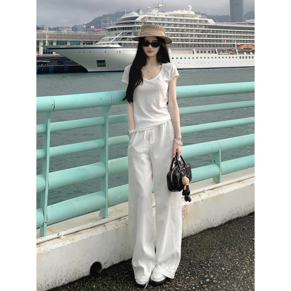 夏季套装女2025新款韩系高级感运动休闲减龄短袖阔腿裤两件套女