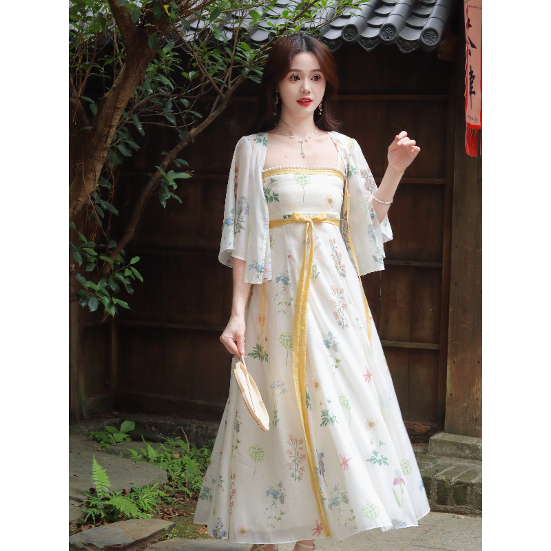 瑶西【与花时】女夏吊带百花印花新中式防晒开衫汉服连衣裙套装