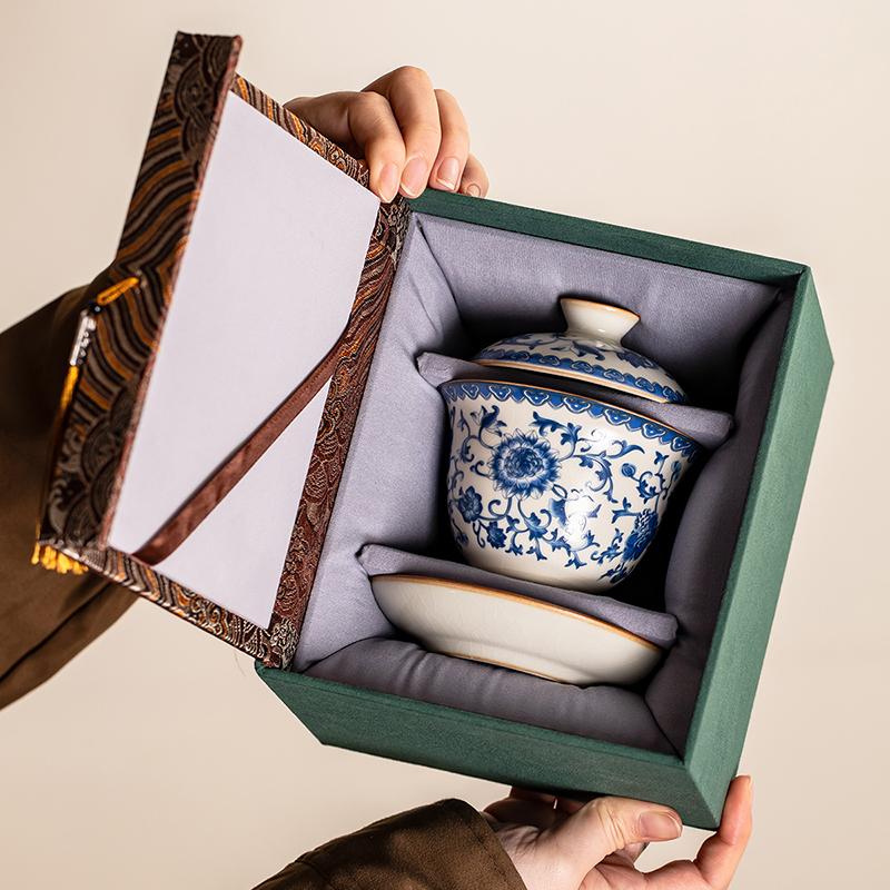 汝窑青花悬停旋转三才盖碗茶杯泡茶碗带盖专用不烫手功夫茶具礼盒