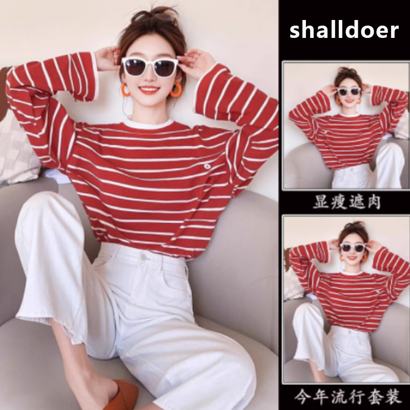 潮流个性街头风条纹打底衫T恤女士2025春秋新款显高显瘦圆领上衣