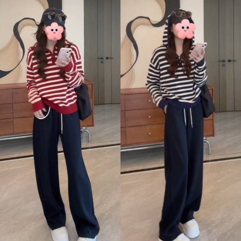 秋季小众百搭设计半拉链连帽针织衫+阔腿卫裤休闲裤LK2505925