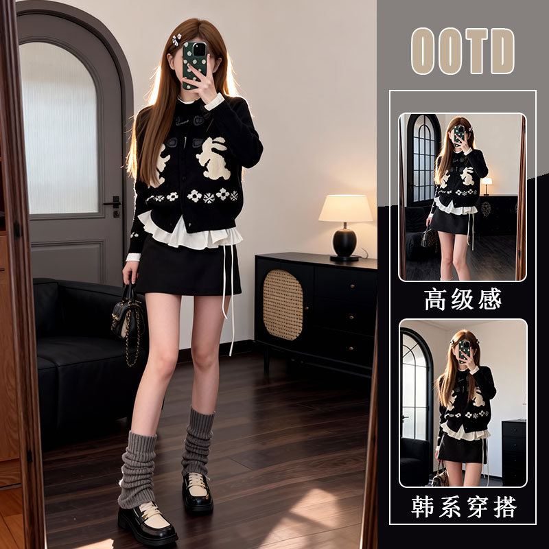 韩系一整套ootd穿搭独特漂亮绝美复古费尔岛开衫短裙两件套装26春