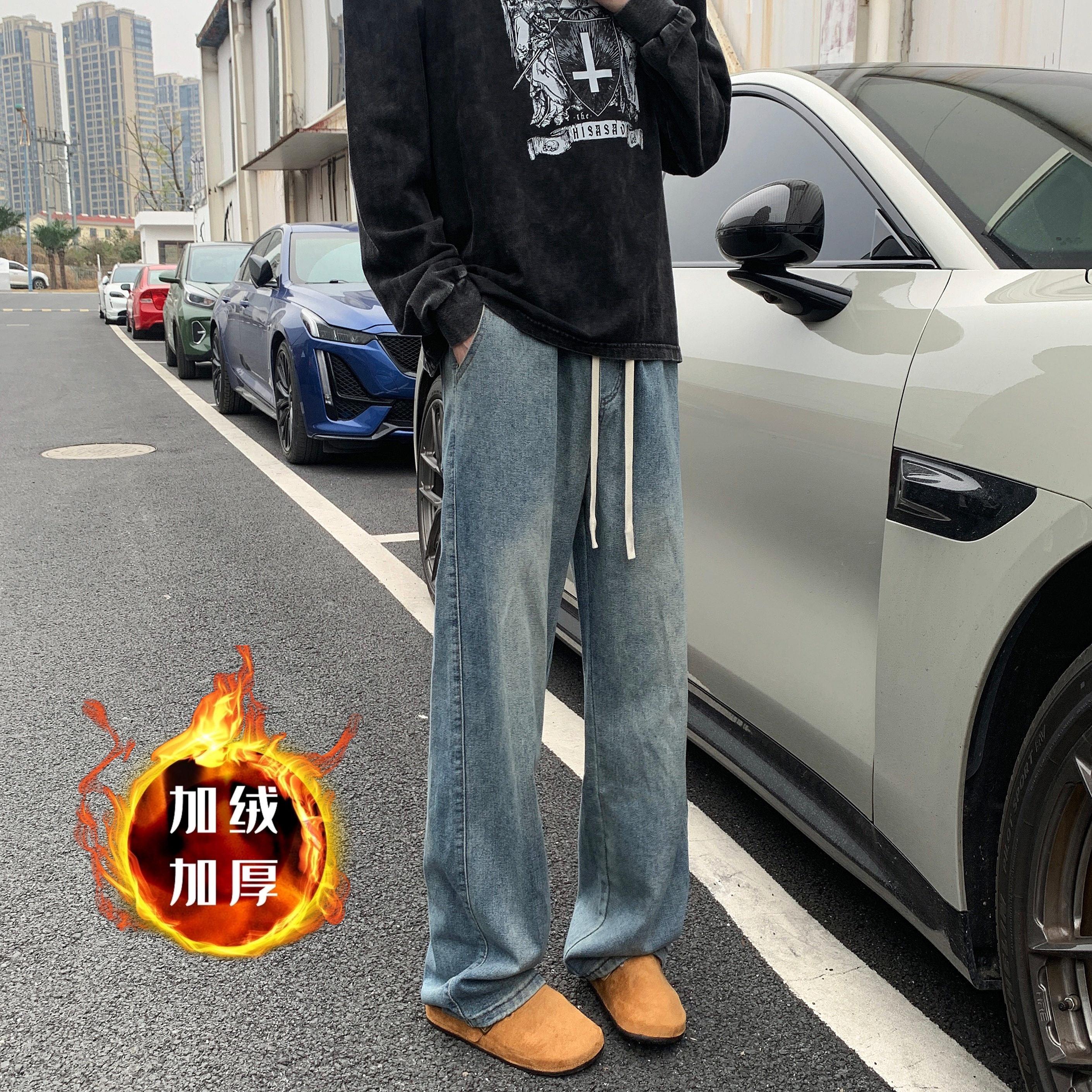 秋冬加绒美式复古高街百搭宽松牛仔裤男直筒水洗休闲潮流牛仔裤