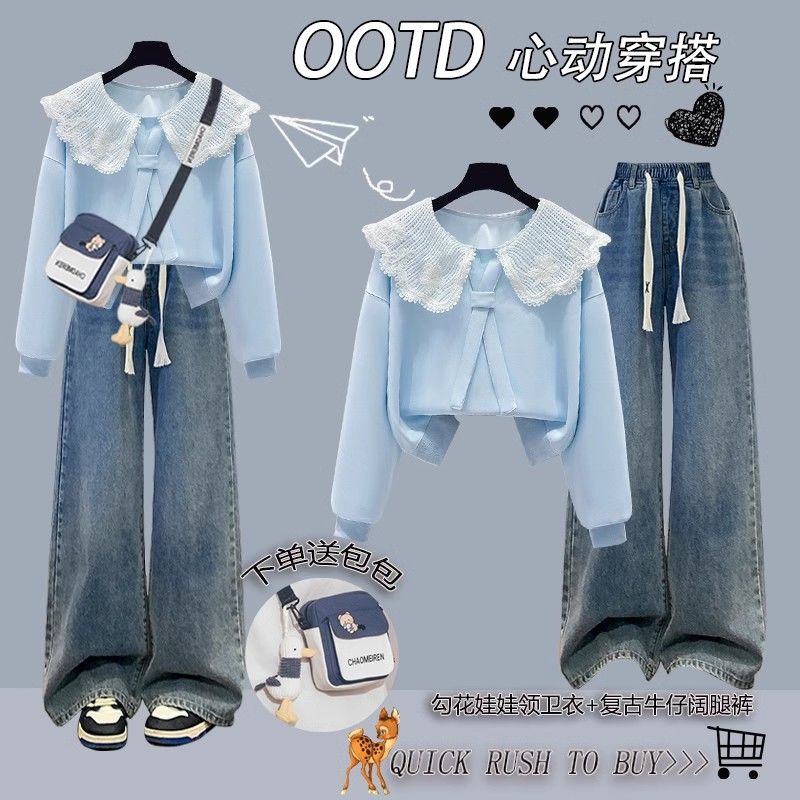 少女初高中学生甜美假两件娃娃领卫衣2025春季新款学院风洋气套装