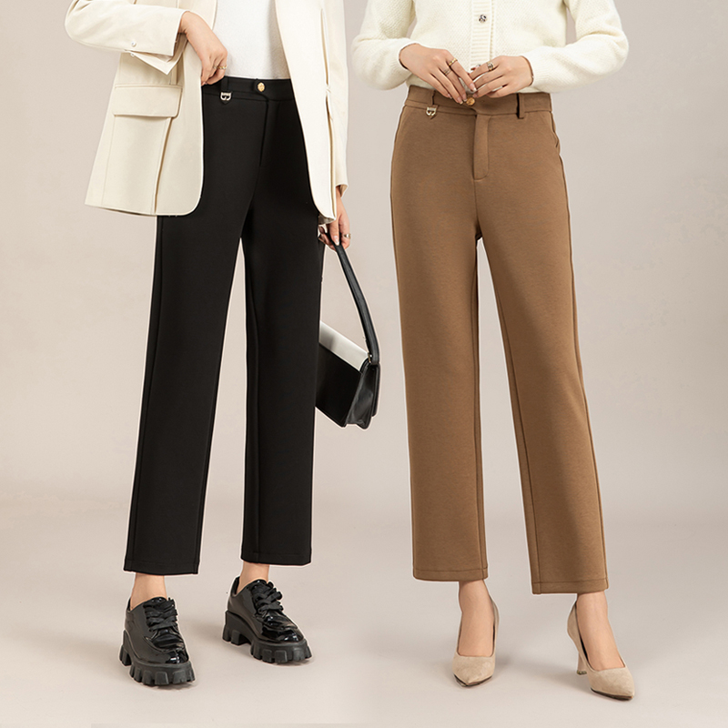 天丝棉直筒裤女秋季2025新款九分弹力西装裤卡其色宽松休闲女裤子