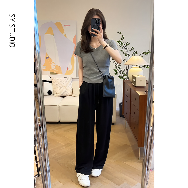 套装2025新款女装夏款简约纯色短袖T恤高腰直筒拖地休闲裤两件套