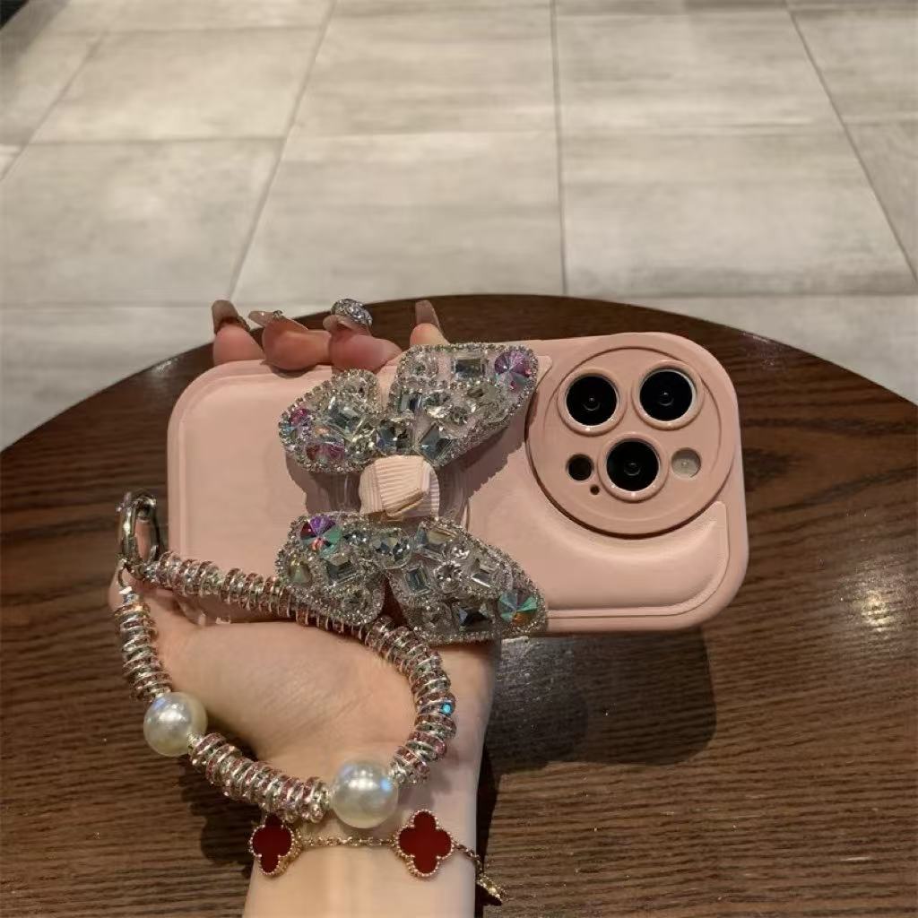 粉色胖胖皮纹爆闪蝴蝶结支架适用苹果16promax手机壳iPhone16pro