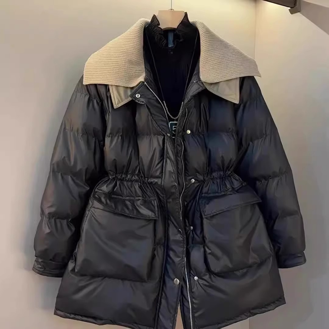 针织大翻领服女冬季大码胖mm高级感减龄好看中长款棉衣棉服外套