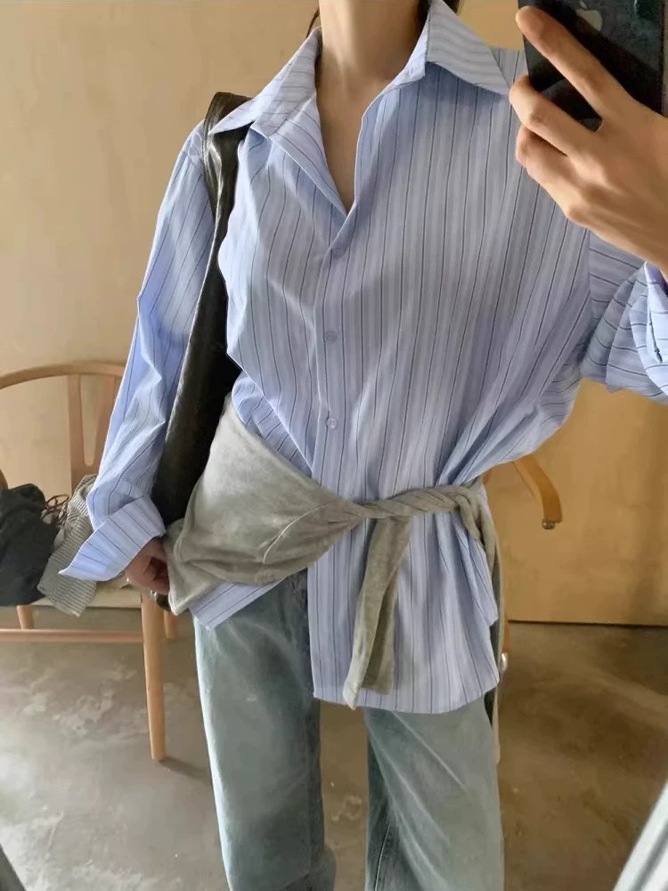 【简约蓝条】陈思思 2025浅蓝色条纹高级感气质衬衣慵懒风上衣