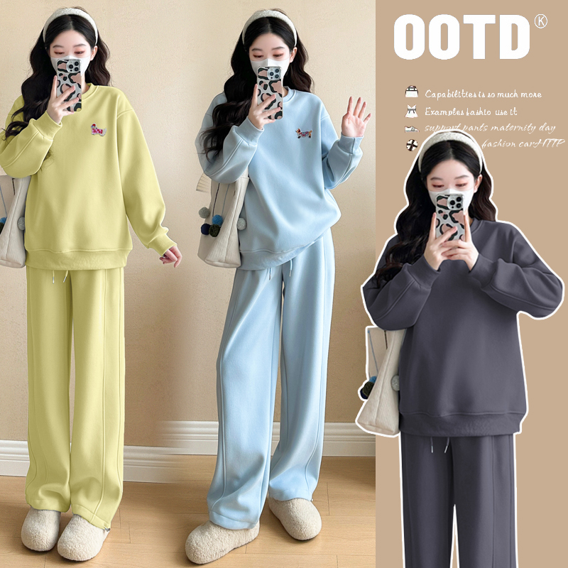 孕妇套装春秋新款洋气时尚宽松2025小狗绣花卫衣休闲直筒裤子