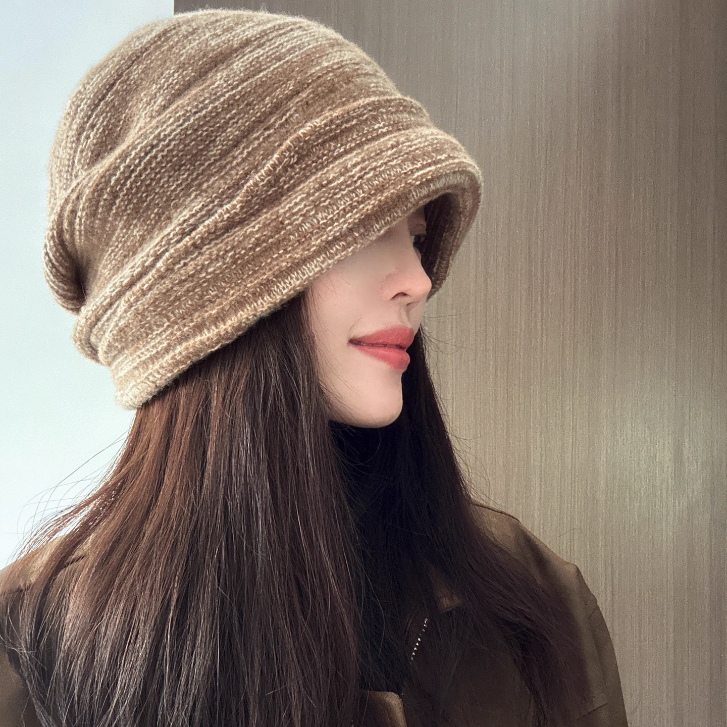 松弛线条感~成型褶皱堆堆帽女100％WOOL宽松款两戴针织帽秋冬冷帽