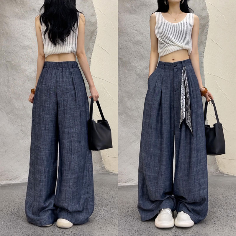 65331麻棉高腰阔腿裤女2025年夏季新款配丝巾高腰直筒裤休闲裤女