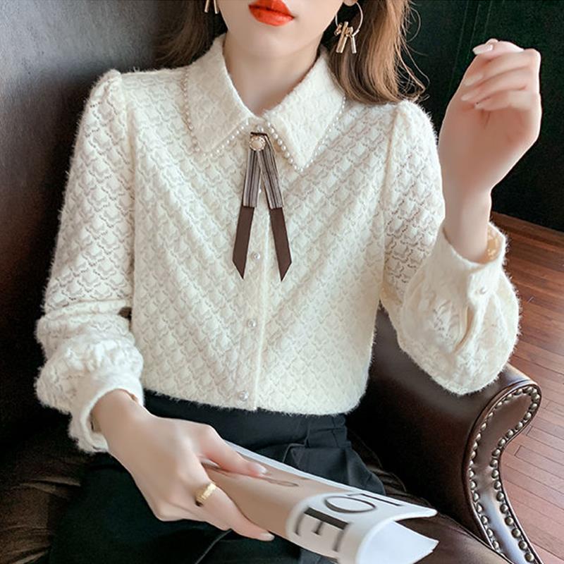 加绒加厚蕾丝衫女秋冬新款洋气时尚磨毛打底衫气质衬衫显瘦上衣