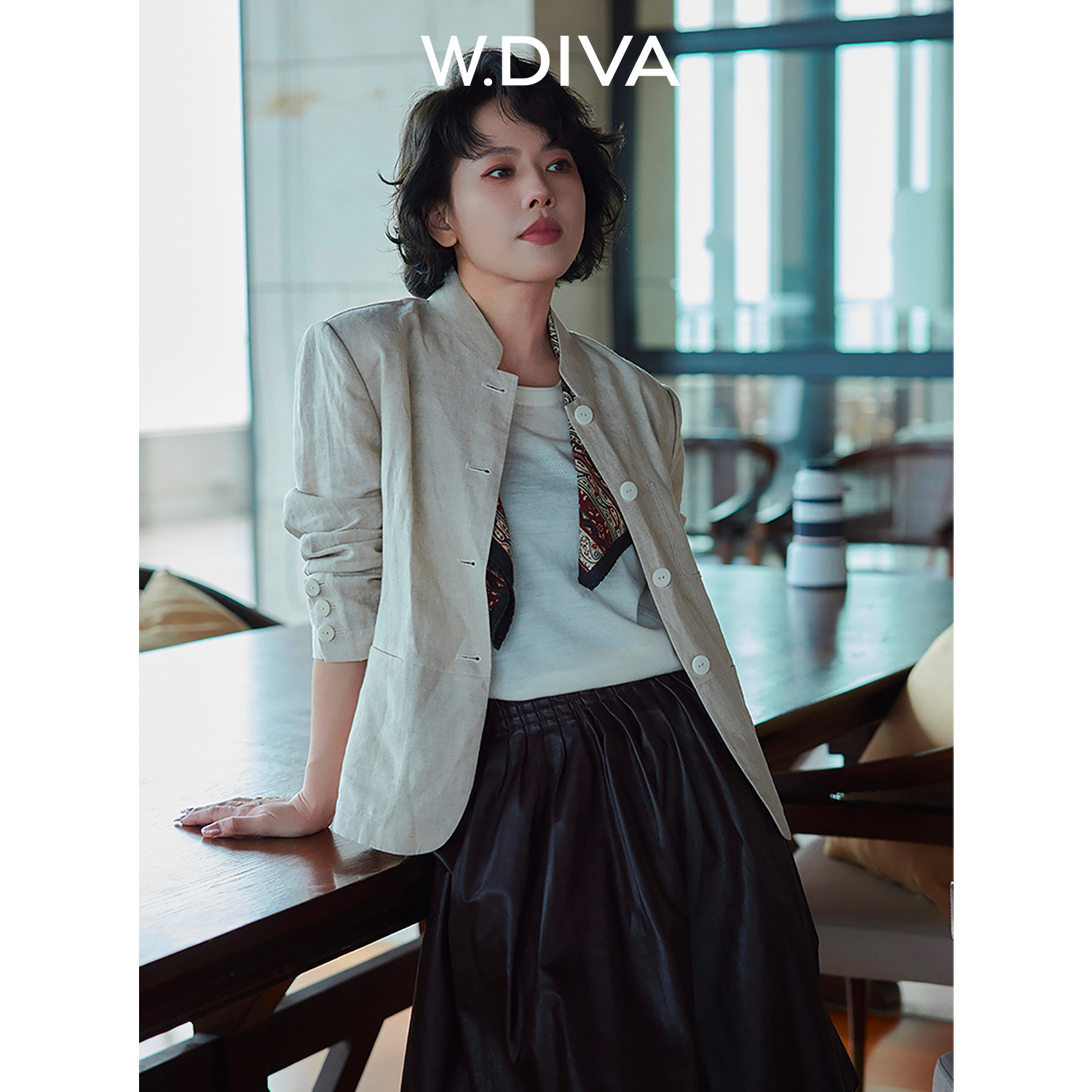W.Diva【暖沙】东方文艺中式立领亚麻西装外套松弛慵懒风53C122655
