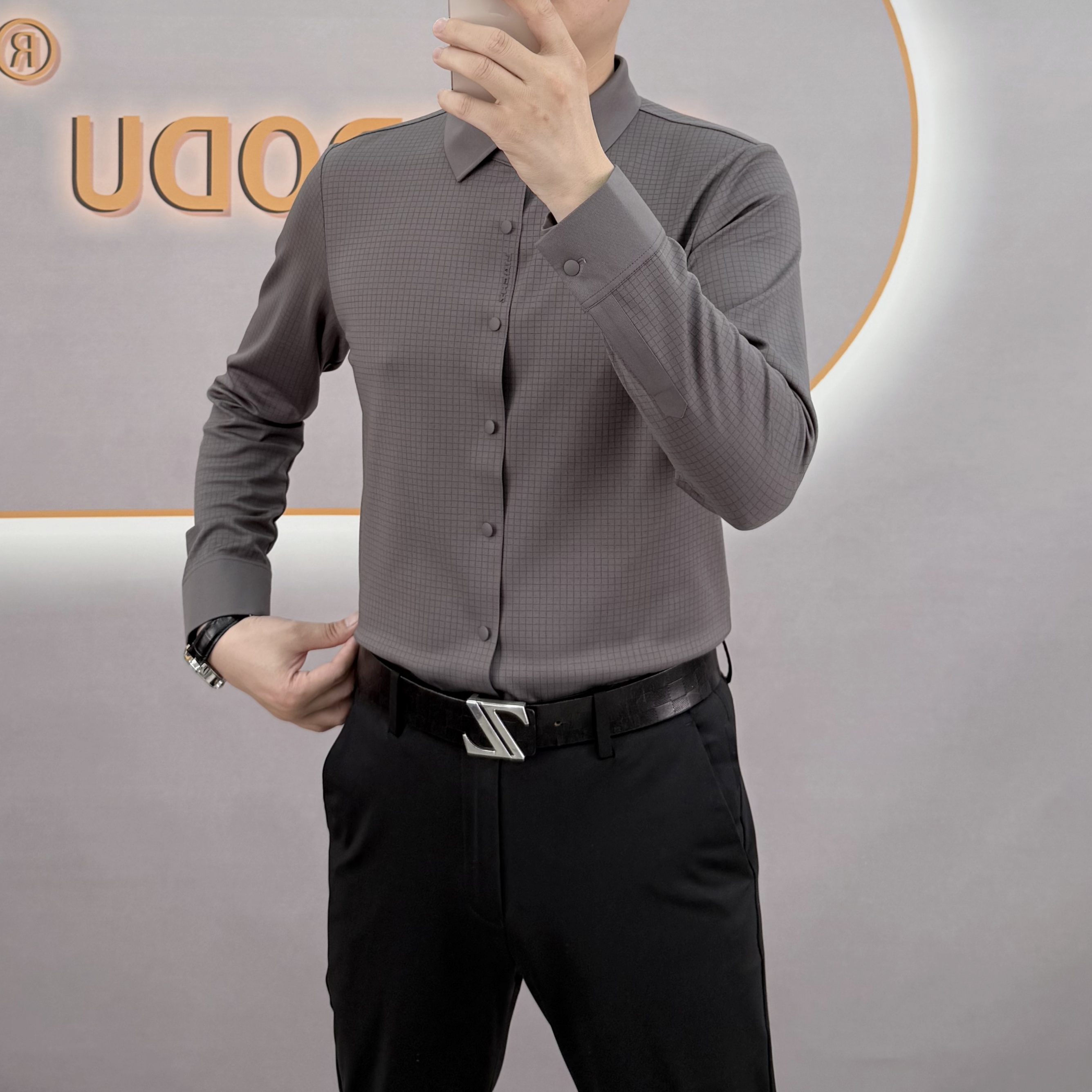 8560款男士秋季男士透气素雅小格子衬衫条纹衬衣商务轻奢长袖休闲