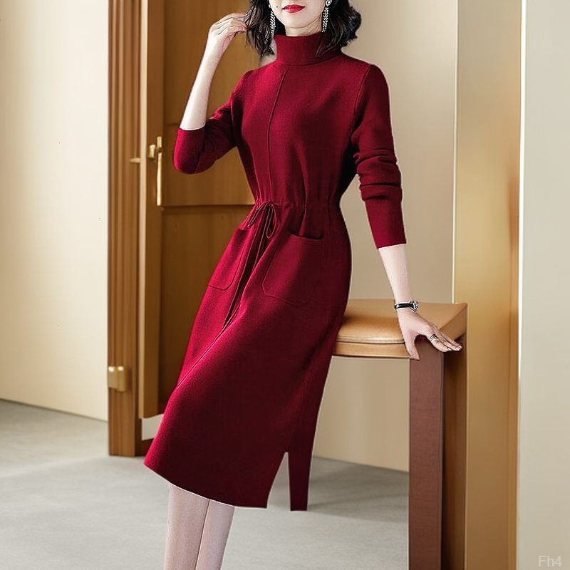 2025新款春秋季休闲时尚年轻两翻领口袋中长款打底连衣裙复古过膝