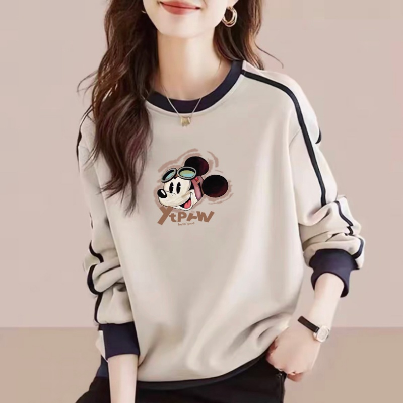 撞色圆领卫衣女士秋冬季韩版慵懒宽松洋气减龄套头加绒加厚上衣潮