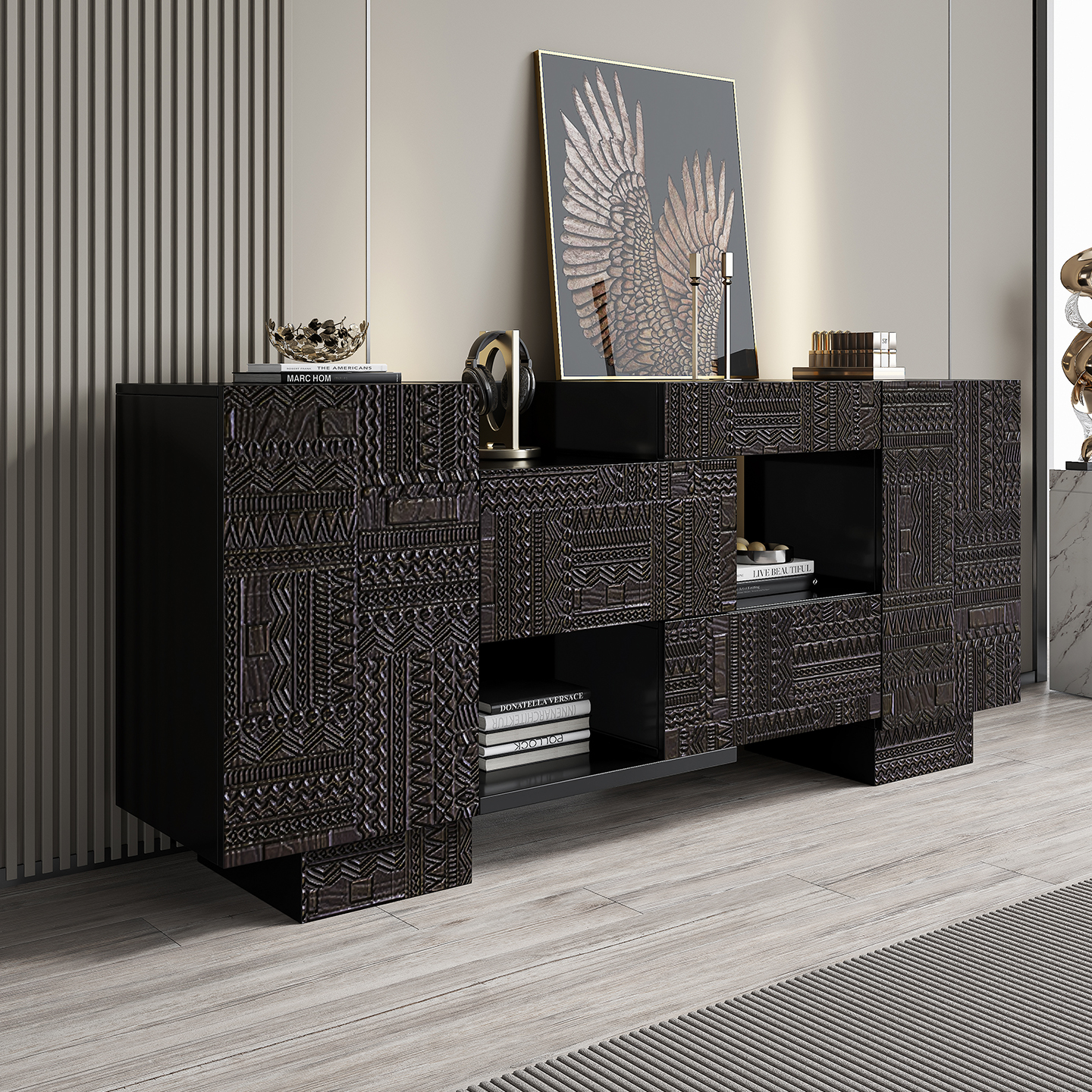 意式轻奢餐边柜中古风实木收纳柜别墅入户玄关柜门厅隔断储物柜