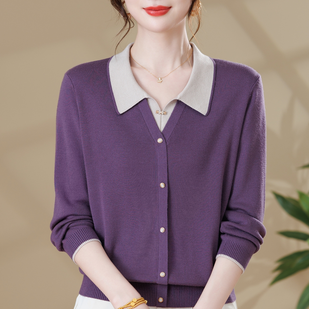 2025秋季新款中年女士针织衫假两件宽松上衣妈妈装翻领长袖薄T恤