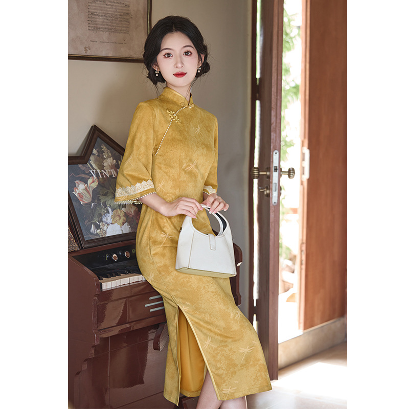 中式倒大袖旗袍2025秋季年新款长款年轻款气质女款可穿改良连衣裙