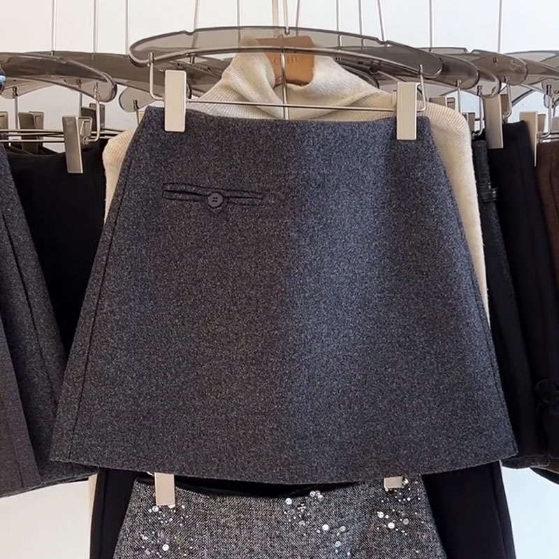 高腰毛呢厚款半身裙女2025冬季新款韩系防走光A字包臀短裙一步裙