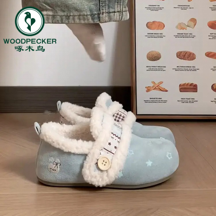 啄木鸟小众蓝色加绒勃肯鞋女2025新款冬增高雪地靴保暖棉鞋子外穿