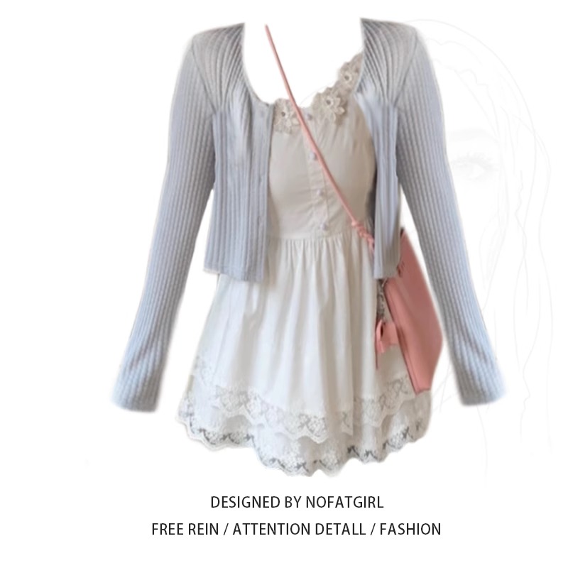 大码胖MM韩系甜美双层蕾丝边吊带上衣女春季新款薄款开衫减龄上衣