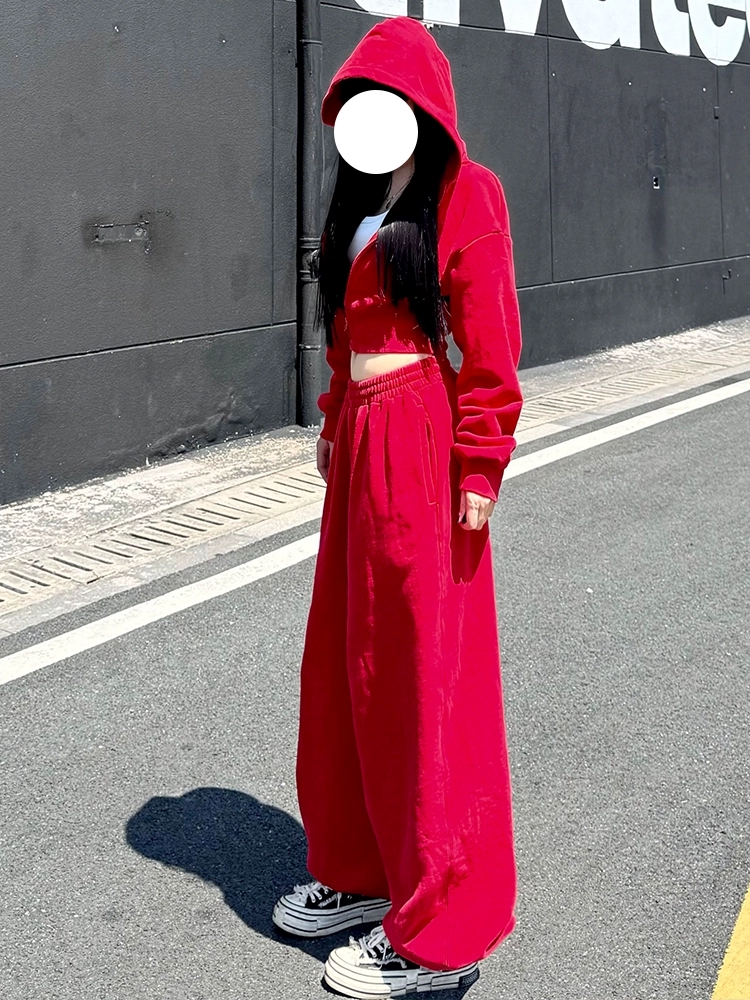 美式复古设计感红色连帽卫衣外套女春秋高腰显瘦休闲裤运动两件套